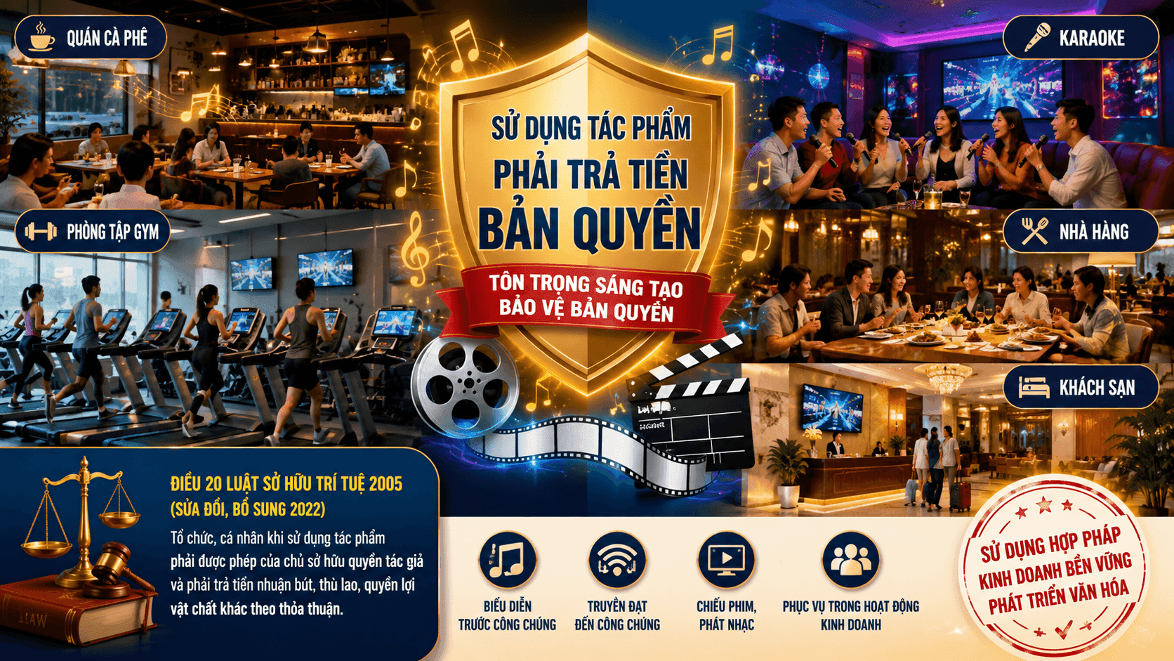 THỜI HẠN BẢO HỘ QUYỀN TÁC GIẢ VÀ NGHĨA VỤ TRẢ TIỀN BẢN QUYỀN KHI KHAI THÁC TÁC PHẨM ÂM NHẠC, ĐIỆN ẢNH TẠI CÁC KHÔNG GIAN THƯƠNG MẠI